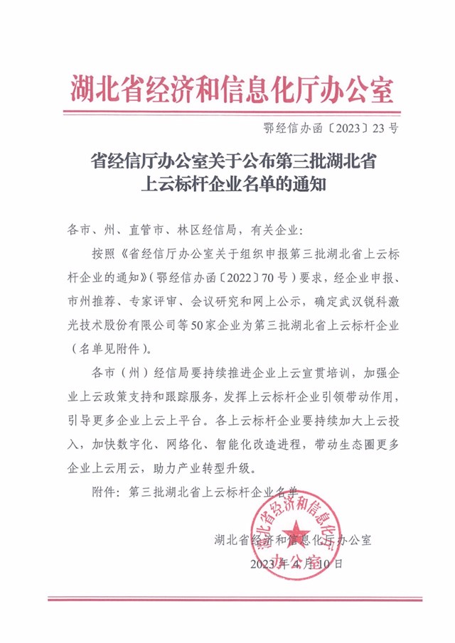 我公司入选湖北省第三批上云标杆企业